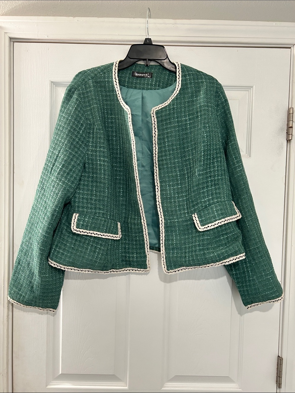 Allegra K Emerald Green Tweed Jacket with Ivory Trim